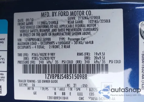 2011 Ford Mustang z USA, uszkodzony, nr VIN 1ZVBP8JS4B5150988